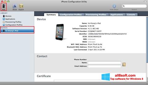 Ekrano kopija iPhone Configuration Utility Windows 8