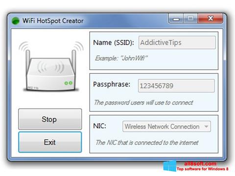 Ekrano kopija Wi-Fi HotSpot Creator Windows 8