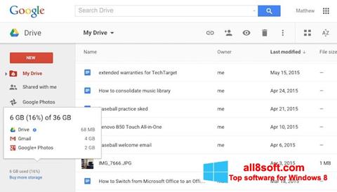 Ekrano kopija Google Drive Windows 8