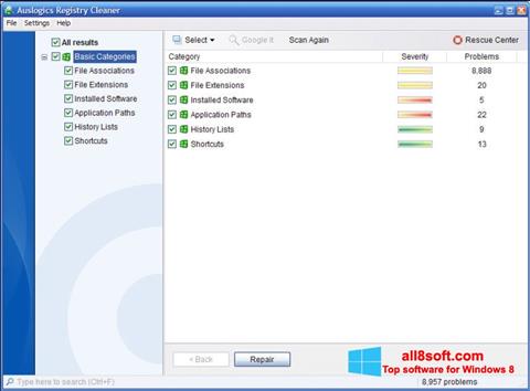 Ekrano kopija Auslogics Registry Cleaner Windows 8